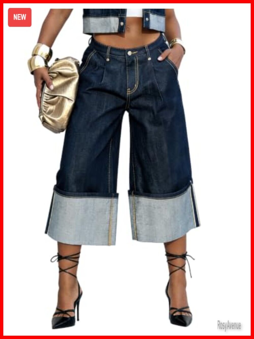 High Rise Wide Leg Pleated Capri Jeans Cropped Denim Pants